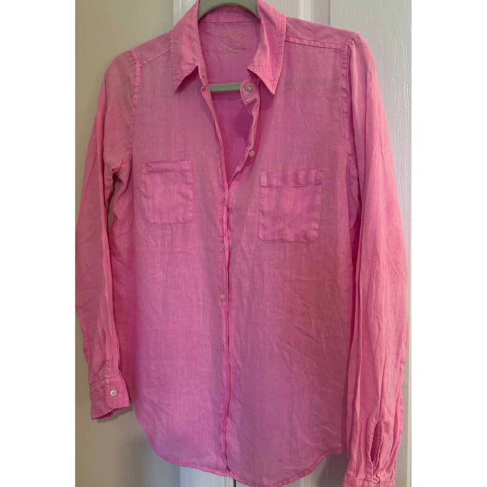 Lilly Pulitzer Pink 100% Linen Button Down Shirt XS Long Sleeve Pocket Top